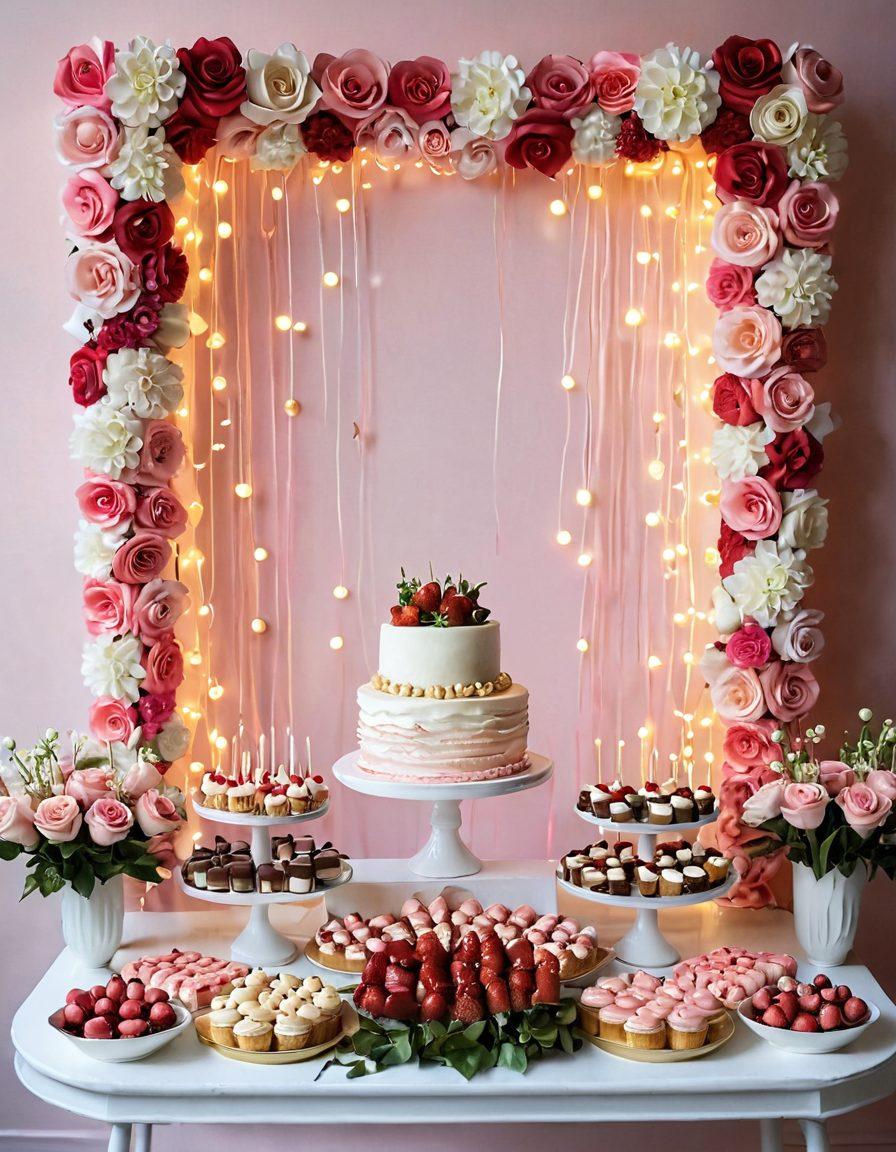 A beautifully arranged dessert table featuring an array of indulgent treats, such as heart-shaped cakes, chocolate-dipped strawberries, and colorful macarons, all set against a dreamy, romantic backdrop with soft pink and white hues. Delicate fairy lights twinkle in the background, while fresh roses add a touch of elegance. The scene should evoke feelings of love and celebration, perfect for romantic occasions. vibrant colors. soft focus. elegant style.