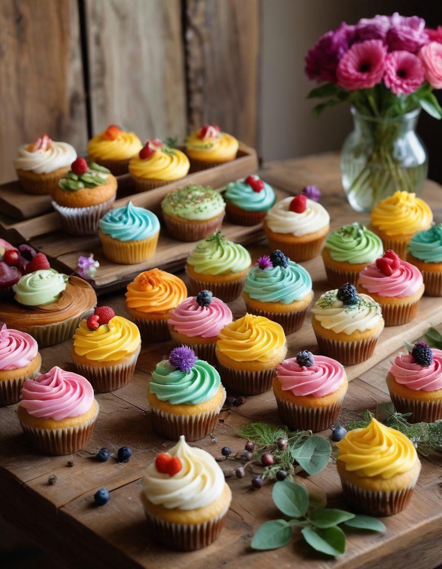 A beautifully arranged display of assorted sweet treats, featuring colorful cupcakes, elegant confections, and delectable pastries on a rustic wooden table. Soft natural light filters in, highlighting the textures and colors of the desserts. Background elements include delicate flowers and sprigs of greenery for a warm, inviting atmosphere. The overall scene evokes a sense of love and care in crafting these delightful treats. super-realistic. vibrant colors. soft focus.
